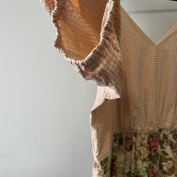 Handmade Plus Size Cotton Gingham Floral Multicolour Inseam Pockets V-Neck Dress - Picture 5 of 16